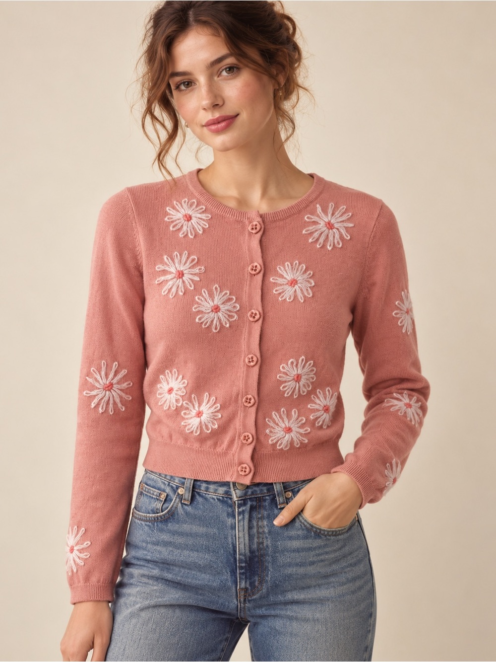 Anthropologie HWR Monogram Pink Daisy Embroidered Cardigan S